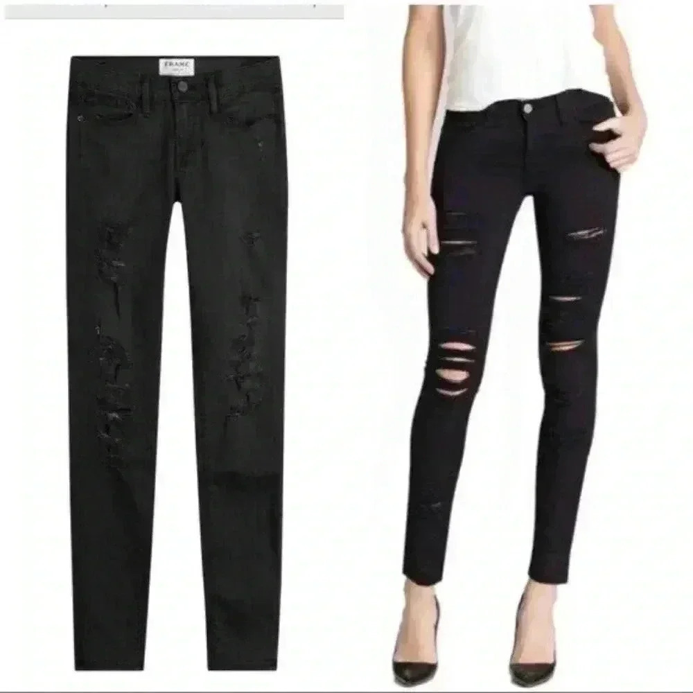 Frame Denim Le Skinny De Jeanne Jeans in Film Noir Black Distressed Size 24